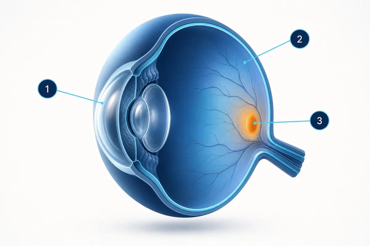 Esquema del ojo humano con la mácula señalada en el centro de la retina