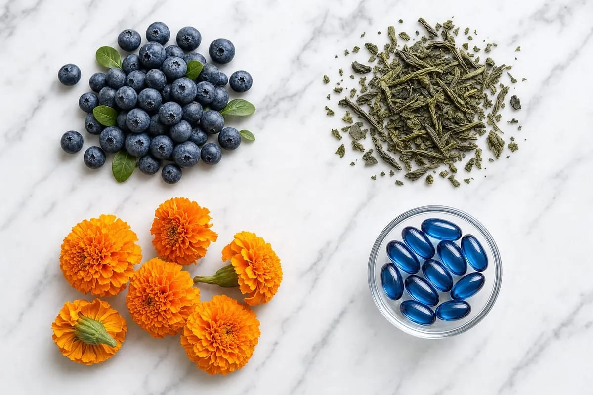 Ingredientes de OptiPills sobre madera: arándanos, hoja de té verde y flores de Tagetes erecta, de donde se obtiene la luteína