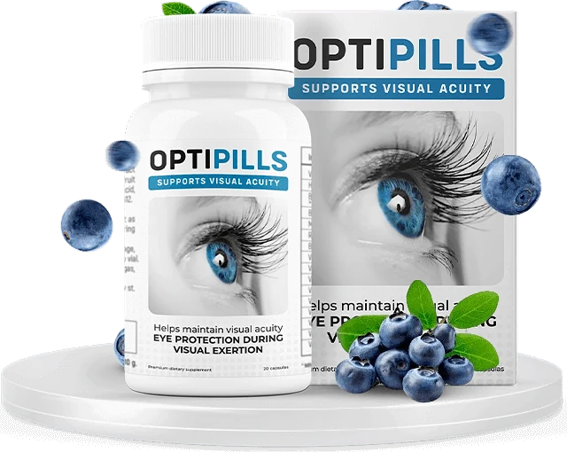 Envase de OptiPills: bote y caja de 20 cápsulas de 500 mg junto a arándanos frescos