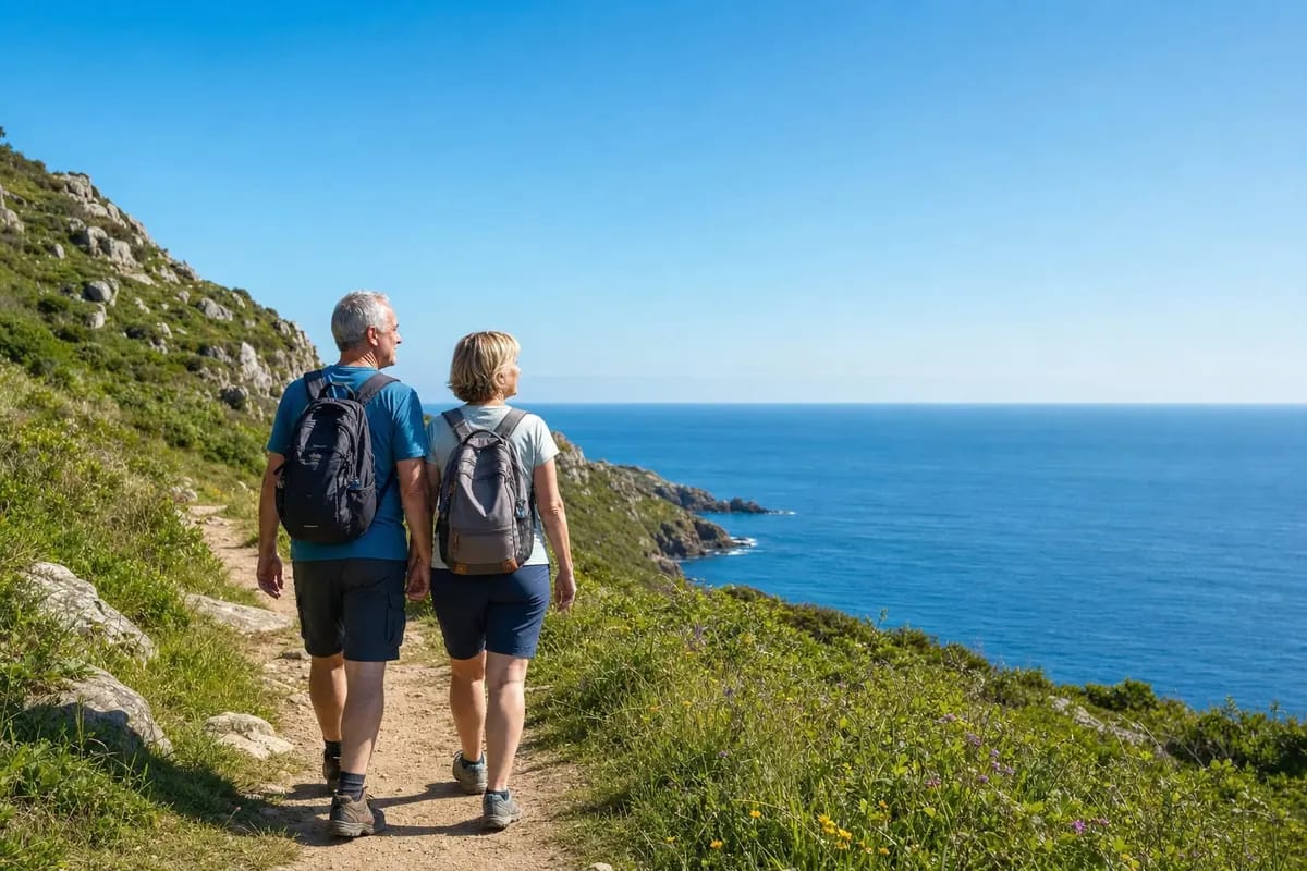 Pareja de unos 60 años caminando por un paseo marítimo al atardecer
