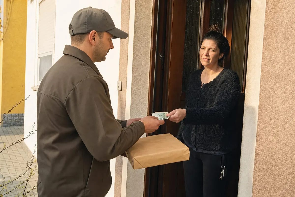 Repartidor entregando el paquete de OptiPills y cobrando contra reembolso en la puerta