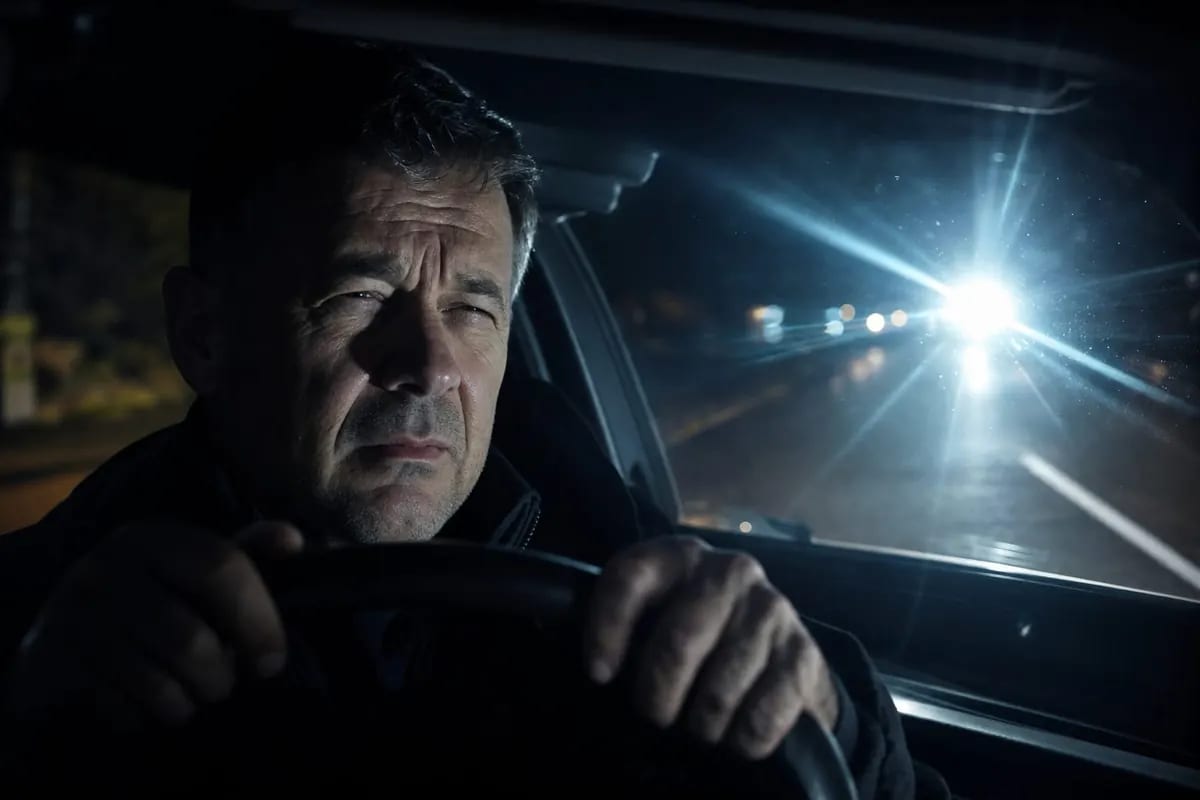 Conductor de unos 55 años al volante en una carretera de noche con faros de frente