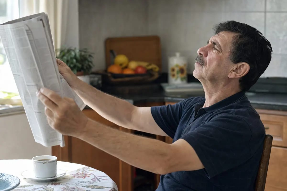 Hombre de unos 60 años alejando el periódico para leer la letra pequeña